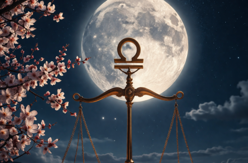 Úplněk ve Vahách na noční obloze, zlaté váhy před měsícem a rozkvetlé třešně v popředí – symbol rovnováhy a klidu