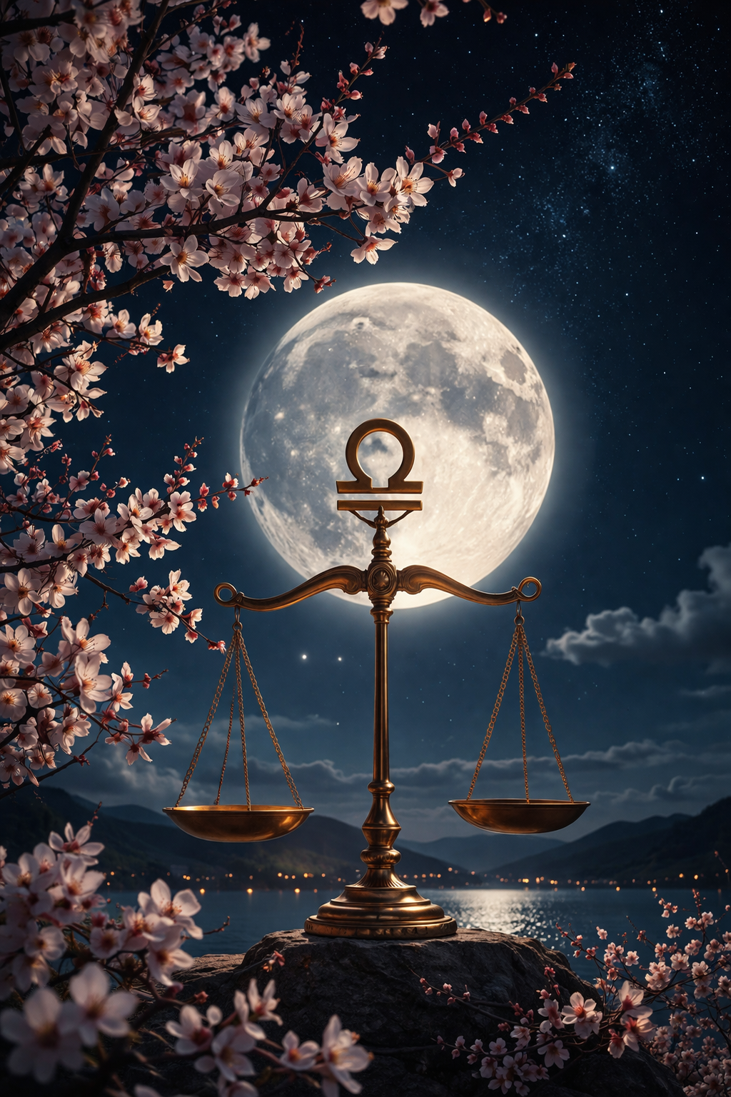 Úplněk ve Vahách na noční obloze, zlaté váhy před měsícem a rozkvetlé třešně v popředí – symbol rovnováhy a klidu
