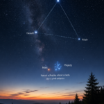 Fotorealistická noční obloha s Mléčnou dráhou, Letním trojúhelníkem (Vega, Deneb a Altair) a ranním setkáním planety Mars s hvězdokupou Plejády nad horskou krajinou.