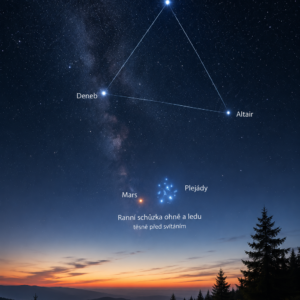 Fotorealistická noční obloha s Mléčnou dráhou, Letním trojúhelníkem (Vega, Deneb a Altair) a ranním setkáním planety Mars s hvězdokupou Plejády nad horskou krajinou.