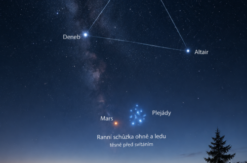 Fotorealistická noční obloha s Mléčnou dráhou, Letním trojúhelníkem (Vega, Deneb a Altair) a ranním setkáním planety Mars s hvězdokupou Plejády nad horskou krajinou.