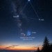 Fotorealistická noční obloha s Mléčnou dráhou, Letním trojúhelníkem (Vega, Deneb a Altair) a ranním setkáním planety Mars s hvězdokupou Plejády nad horskou krajinou.