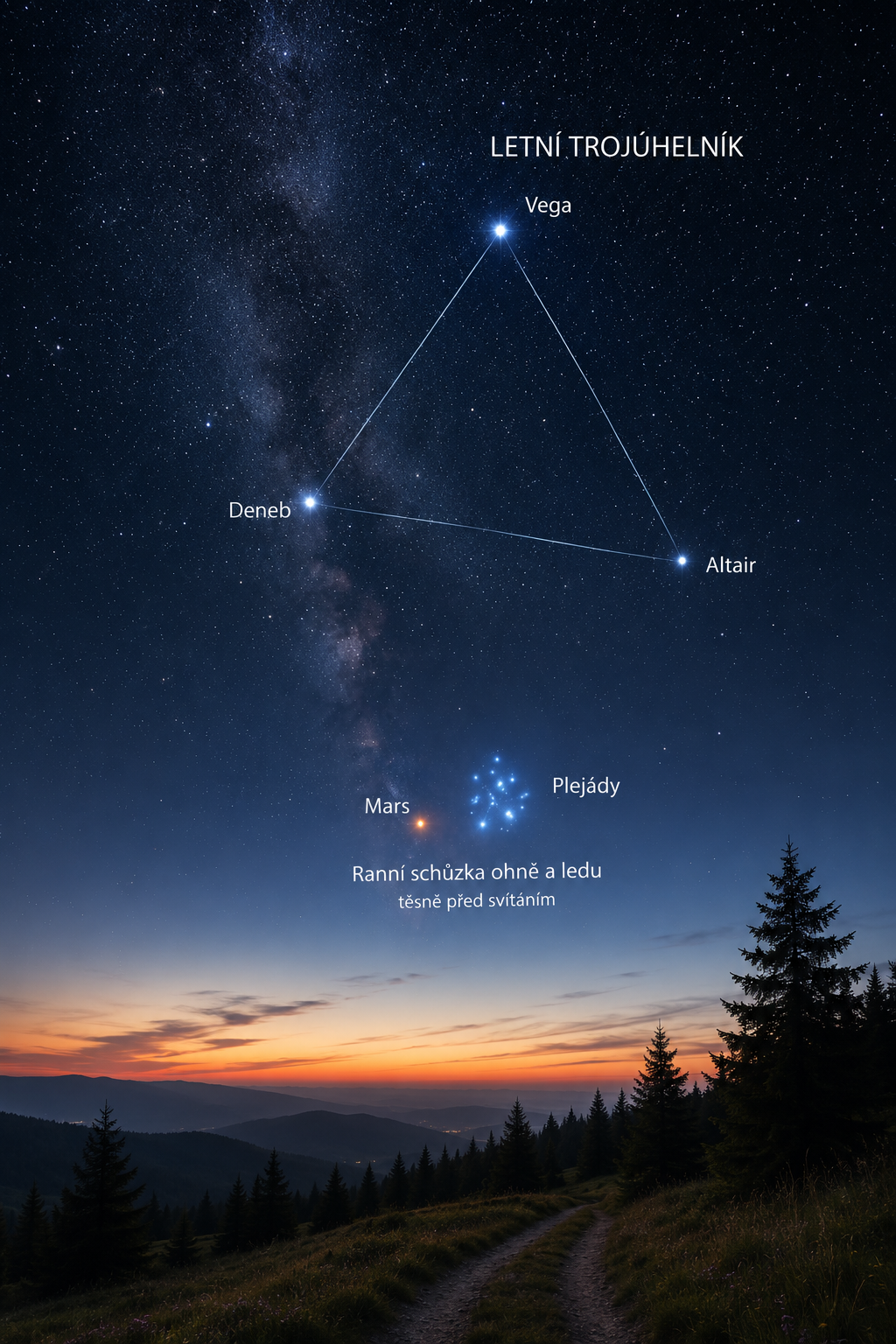 Fotorealistická noční obloha s Mléčnou dráhou, Letním trojúhelníkem (Vega, Deneb a Altair) a ranním setkáním planety Mars s hvězdokupou Plejády nad horskou krajinou.