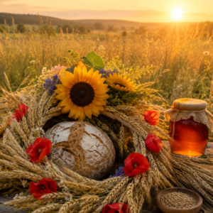 Lammas – obilný věnec s vlčími máky, domácím chlebem, medem a slunečnicemi při západu slunce jako symbol první sklizně, hojnosti a vděčnosti.