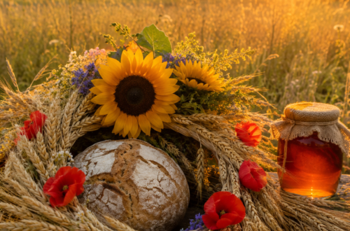 Lammas – obilný věnec s vlčími máky, domácím chlebem, medem a slunečnicemi při západu slunce jako symbol první sklizně, hojnosti a vděčnosti.