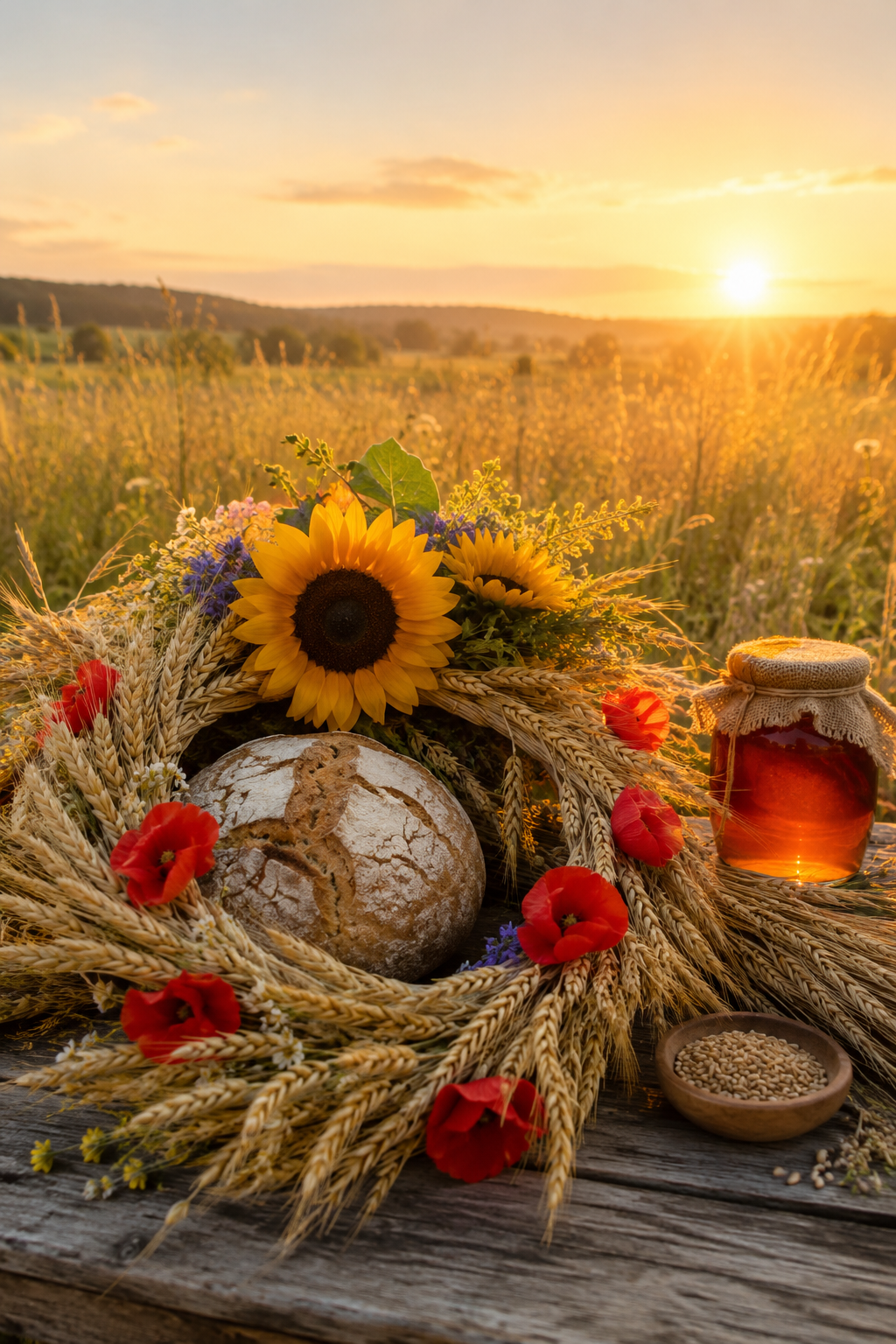 Lammas – obilný věnec s vlčími máky, domácím chlebem, medem a slunečnicemi při západu slunce jako symbol první sklizně, hojnosti a vděčnosti.