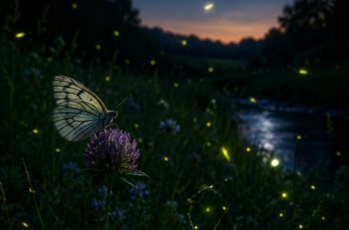 Fotorealistická noční louka osvětlená měsícem se zářícími světluškami a bílým motýlem na květu. Magická letní krajina připomíná krásu přírody, kterou je potřeba chránit.