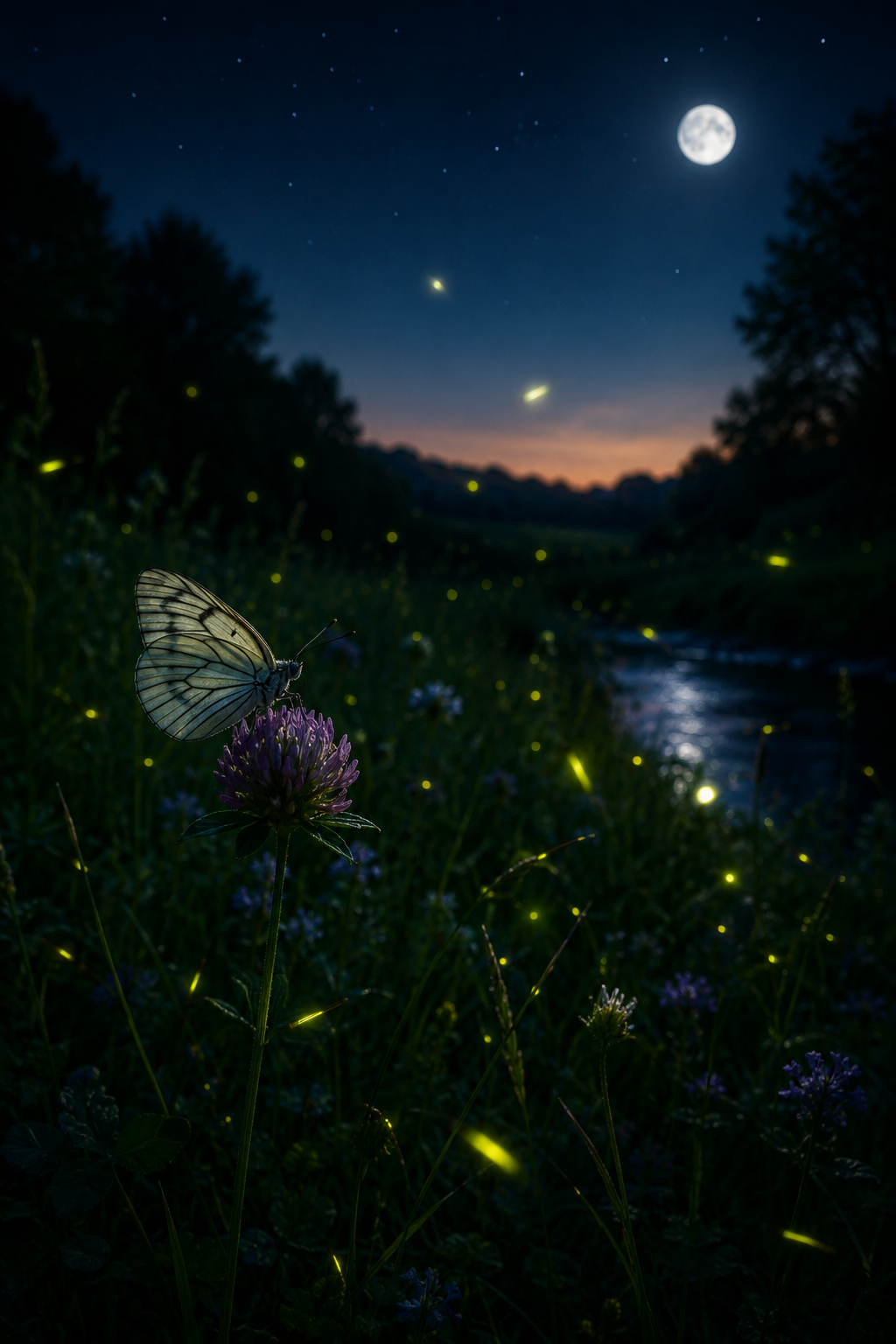 Fotorealistická noční louka osvětlená měsícem se zářícími světluškami a bílým motýlem na květu. Magická letní krajina připomíná krásu přírody, kterou je potřeba chránit.
